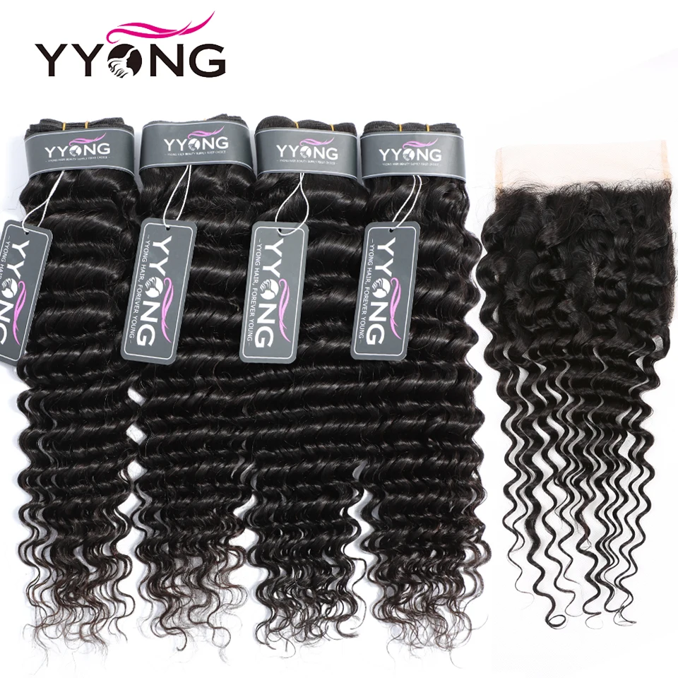 

Yyong 6x6 Deep Wave Closure With Bundles 3/ 4pcs Human Hair With Closure Non Remy Malaysian Hair Weave Bundles With Lace Closure