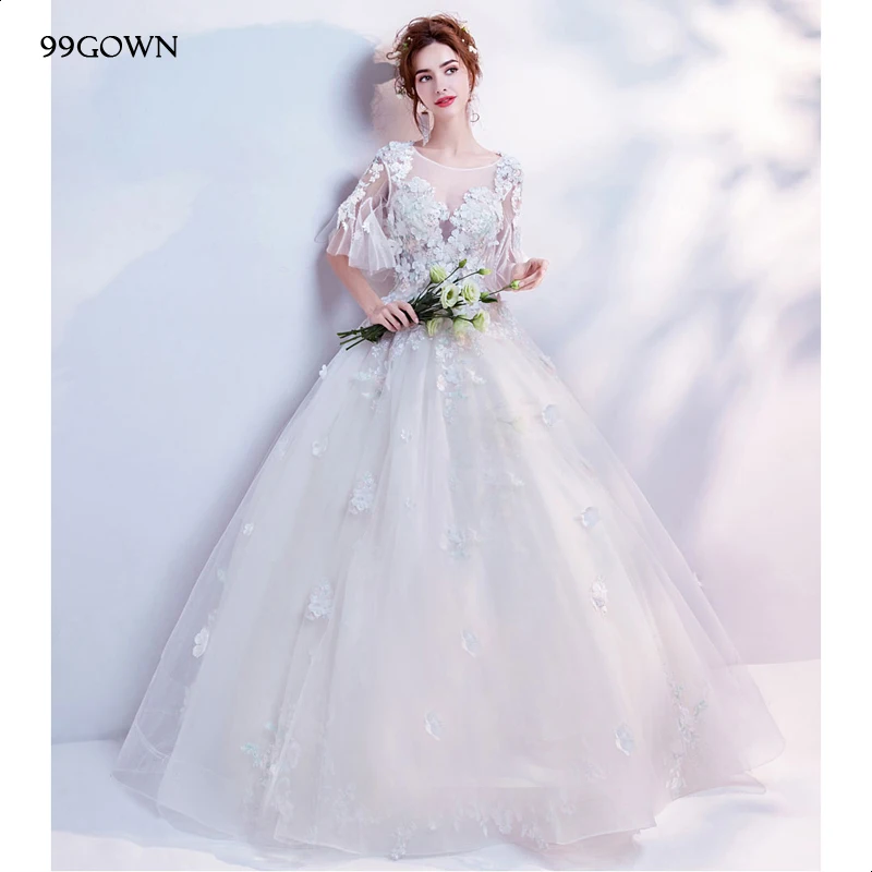 99GOWN Элегантное свадебное платье из органзы с расклешенными рукавами, сексуальное ТРАПЕЦИЕВИДНОЕ свадебное платье ручной работы с цветком