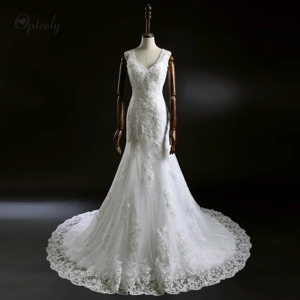 Optcely Sexy Mermaid V-neck Sleeveless Elegant Sweep Train Wedding Dresses Lace Appliques Beaded beautiful Bride Princess Gowns