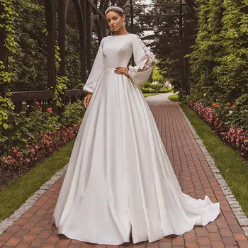 

Eightale Arabic Wedding Dress O-Neck Appliques Lace Puff Sleeves A-Line Satin Wedding Gown Bridal Dress vestido de noiva 2020