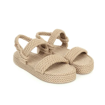 

Hot Sales Straw Weaving Ankle Strap Flatplatform Open Toe Flats Summer Sandals Women Shoes
