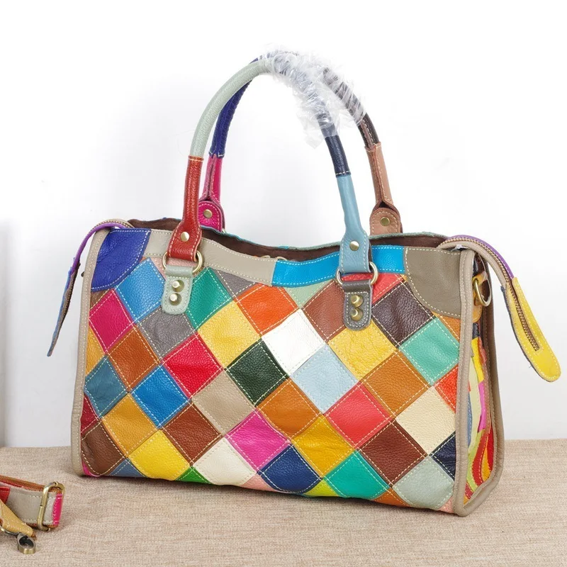 

Genuine Leather Head Layer Cowhide Woman Package Colourful Color Lattice Spelling Color Leisure Time Portable Oblique Satchel