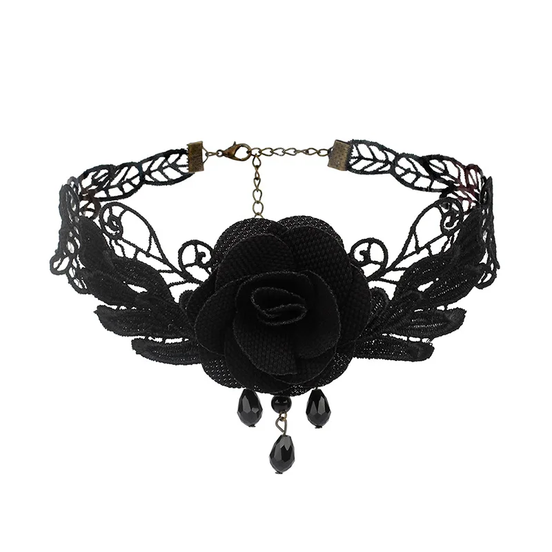 KMVEXO Чокеры в готическом стиле, черные цветы из бисера, Сексуальное Кружевное колье на шею, винтажная цепочка с кисточками для женщин, стимпанк, ювелирные изделия на Хэллоуин - Окраска металла: K32 Black