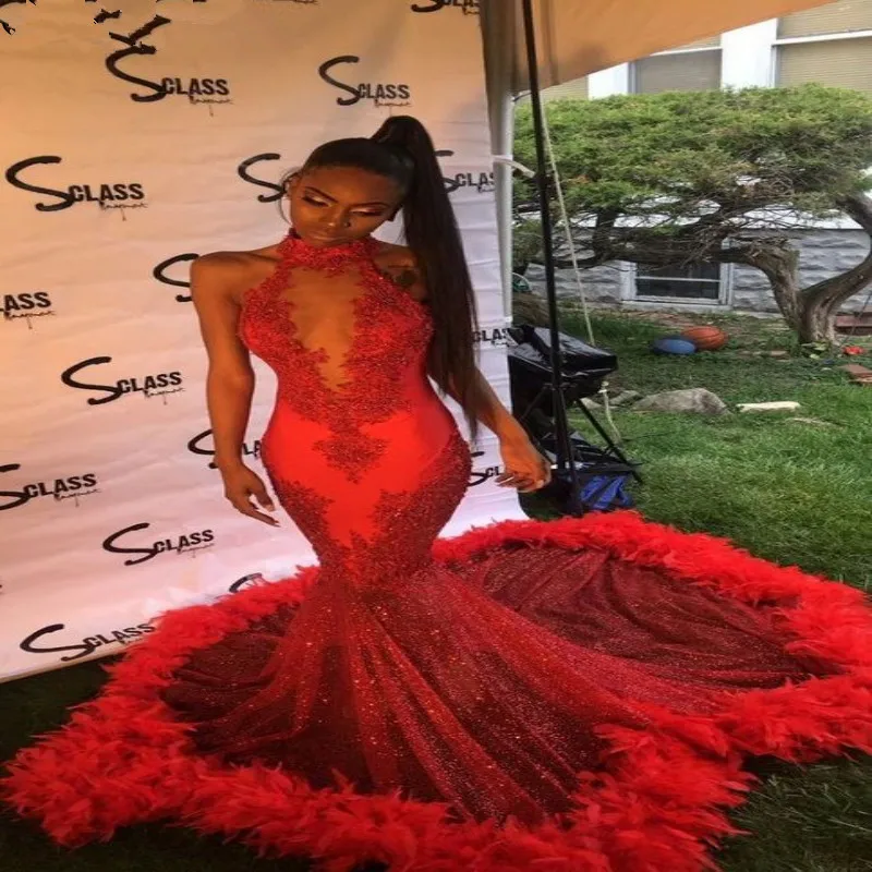 

Sparkly Red Feather Mermaid Black Girls Prom Dresses 2019 New Court Train High Neck Open Back African Women Evening Party Gowns
