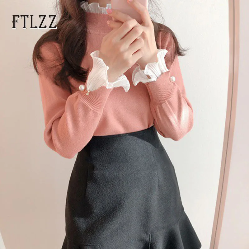 Women Sweet Sweater Top Spring Autumn Slim Long Sleeve Patchwork Lotus Leaf Edge Knitted Pullover Ladies Fashion Pink Sweaters | Женская