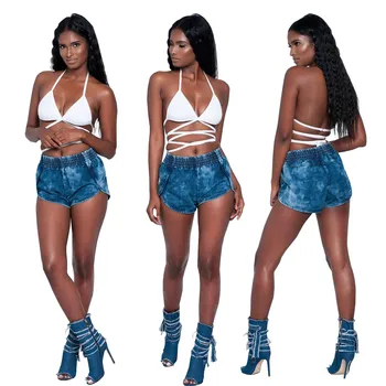 

High Fashion Street Casual Sports Wear Elastic Waist Tie Dye Jeans Blue Hot Shorts Short Pants Female