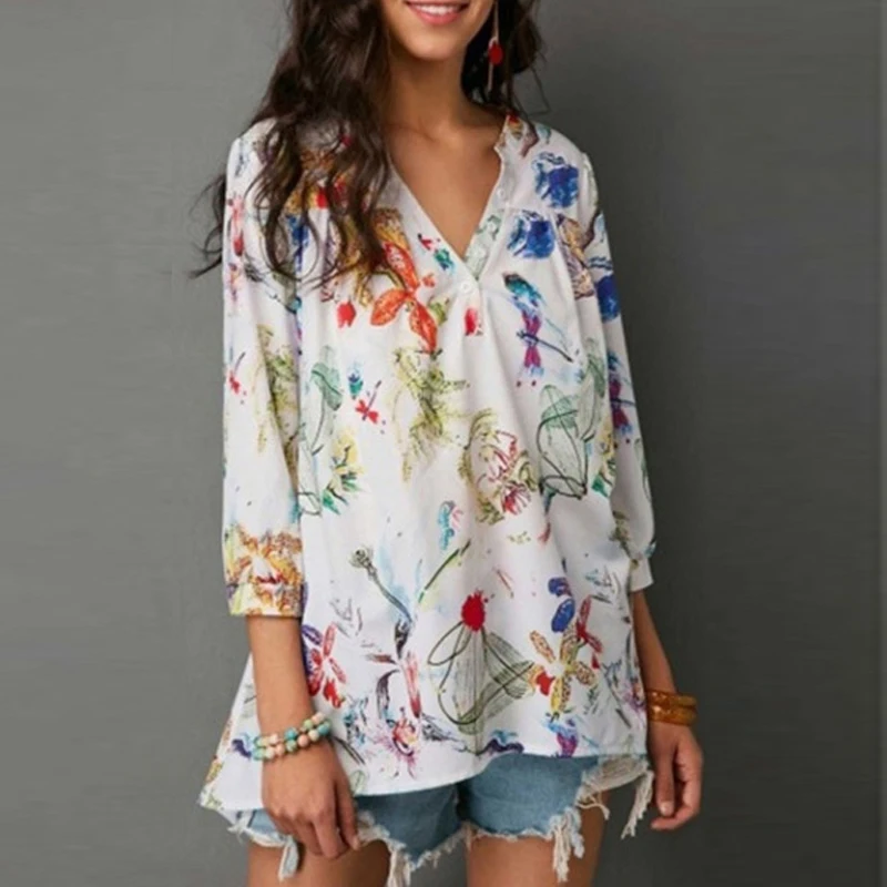 

AvoDvoA Women Chiffon Blouses Spring Autumn Casual Long Sleeve V Neck Female Shirts Print Plus Size Tops