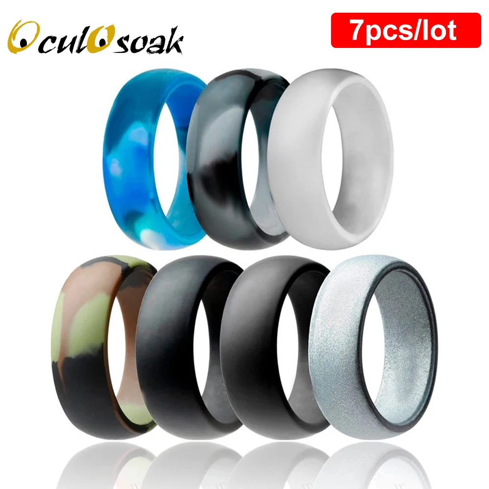 

8mm Wide Silicone Ring 7pc/set Wedding Band Camouflage Silver Rubber Rings for Men Women Finger Jewelry Gift anillo de silicona