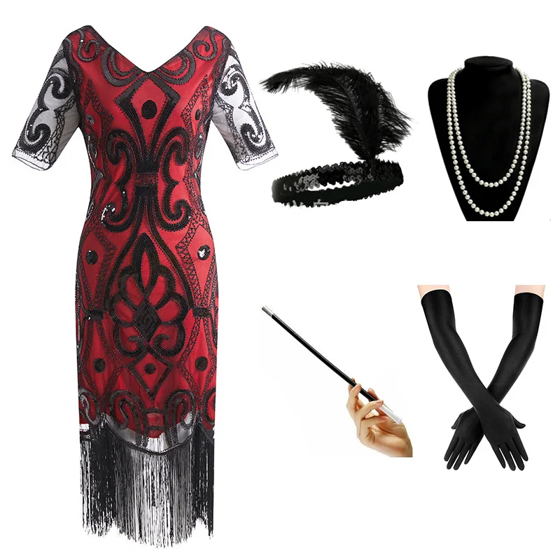 Black Red Set 1920s платье Гэтсби с Блестками, Бисером, бахромой и Пейсли, винтажное платье, v-образный вырез, 20 s, вечерние аксессуары - Цвет: Black Red Set