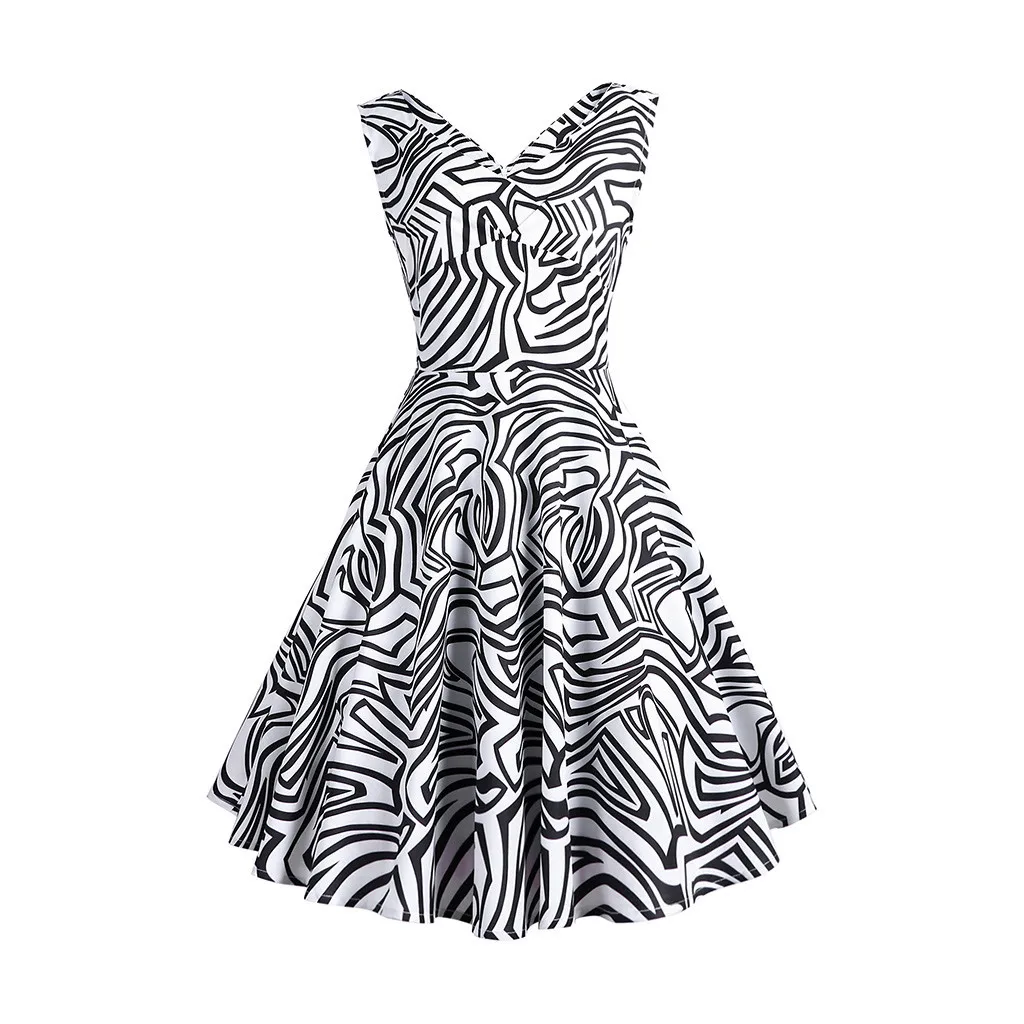 Vintage Summer Dress Women Zebra Print Spring Sleeveless V Neck Beach Elegant Sexy Party Dresses Robe Femme | Женская одежда