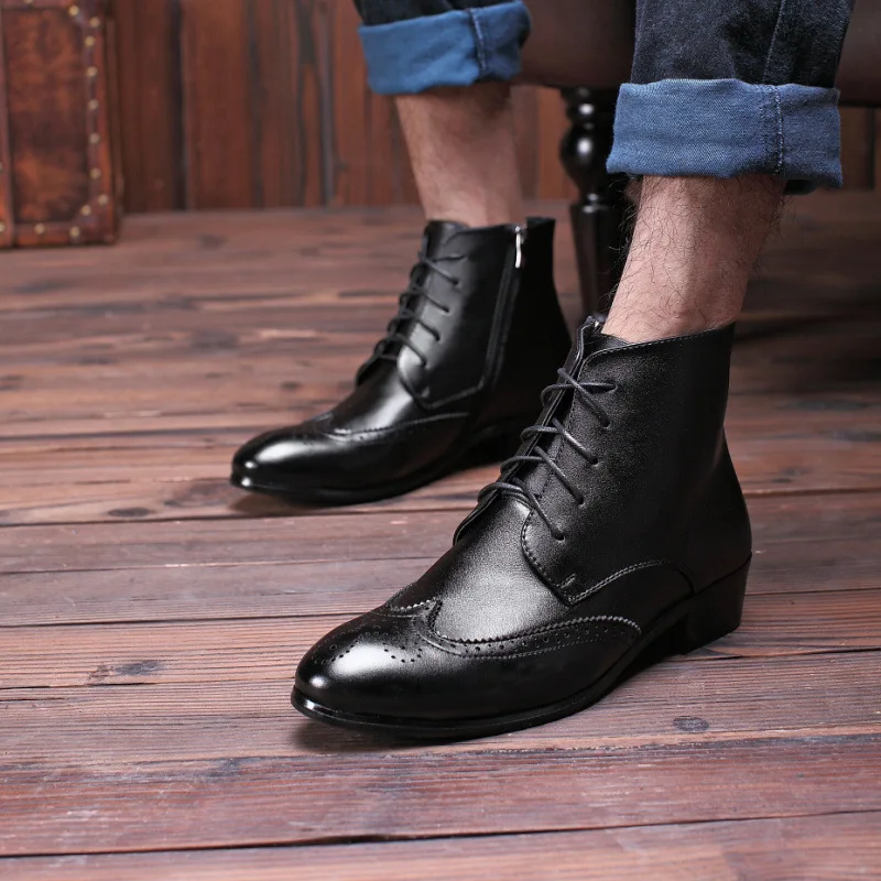 

Fashion Pointed Toe Ankle Men Chelsea Boots Zip Low Vintage Motorcycle Boots Solid Spring Autumm British Style Shoes PU Dress