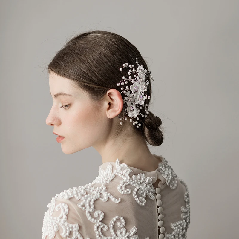 

O381 Lace flowers hollow leaves bridal rhinestone handmade hair comb bridal crystal floral hair comb with pearl for wedding
