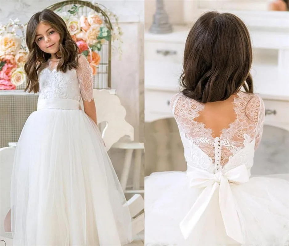 54Applique Flower Girls Dresses Lace Tulle First Communion Dresses Bow Ribbon Graduatioin Party Gowns For Girls Long Sleeve Pageant Gowns