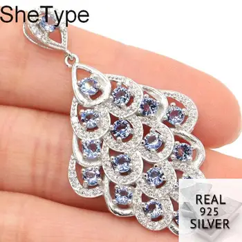 

46x24mm Long Big Peacock 5.9g Violet Tanzanite White CZ Ladies Wedding 925 Solid Sterling Silver Pendant