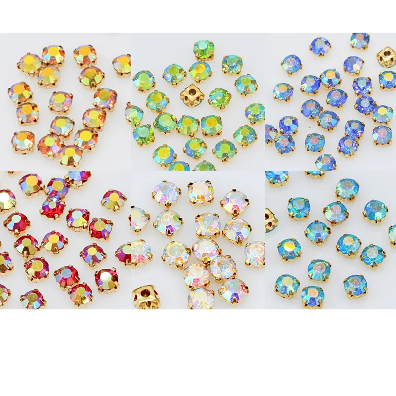 

3/4/5/6mm color AB crystal glass sew on claw rhinestones gold base 4-hole beads diy wedding dress Decoration sewing accessories