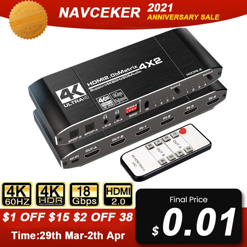 Interruptor divisor HDR de 2020 Matriz HDMI, 4x2, 4K @ 60Hz, 4 en 2 salidas, YUV 4:4:4, SPDIF óptico + jack de 3,5mm, conmutador HDMI