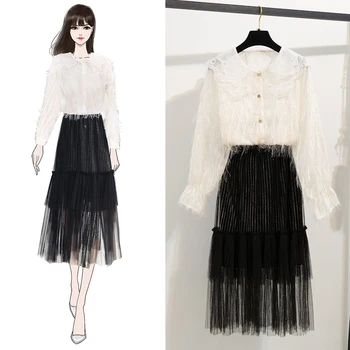 

Spring Sweet Peter Pan Collar Tassel Lace Blouse Shirt Mid-Calf Elastic Waist Mesh Skirts Women Casual Princess Cute Dress
