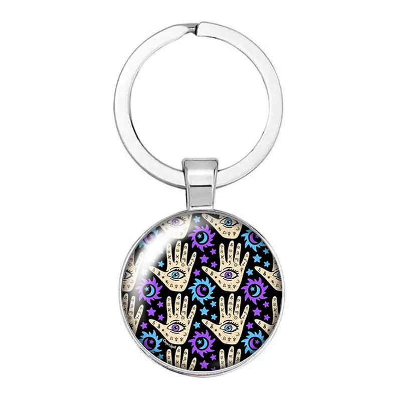 Porte-clés cabochon rond en verre avec photo religieuse, mauvais œil bleu, beauté, anneau de support de voiture, cadeau de sangle