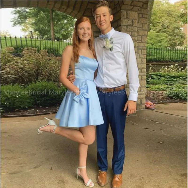 Spaghetti Straps Pink Short Cocktail Party Dress With Bow Pockets Sky Blue Satin Girls Formal Party Gowns Homecoming Prom Gowns