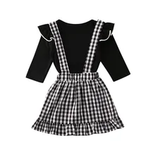От 0 до 24 месяцев, наборы детской одежды для новорожденных девочек черный комбинезон с длинными рукавами+ клетчатое платье на бретелях, комплект одежды из 2 предметов