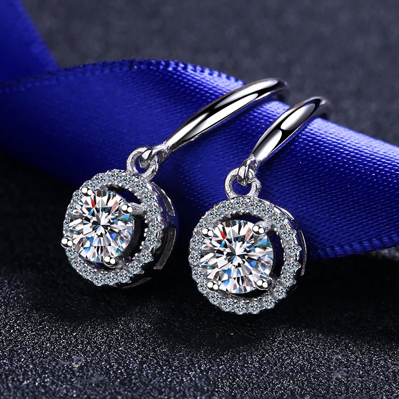 Real Sterling Silver Drop Earrings 0.5ct 1ct D Color Moissanite Halo Dangle Hoop Earrings For Women Wedding Engagement Jewelry