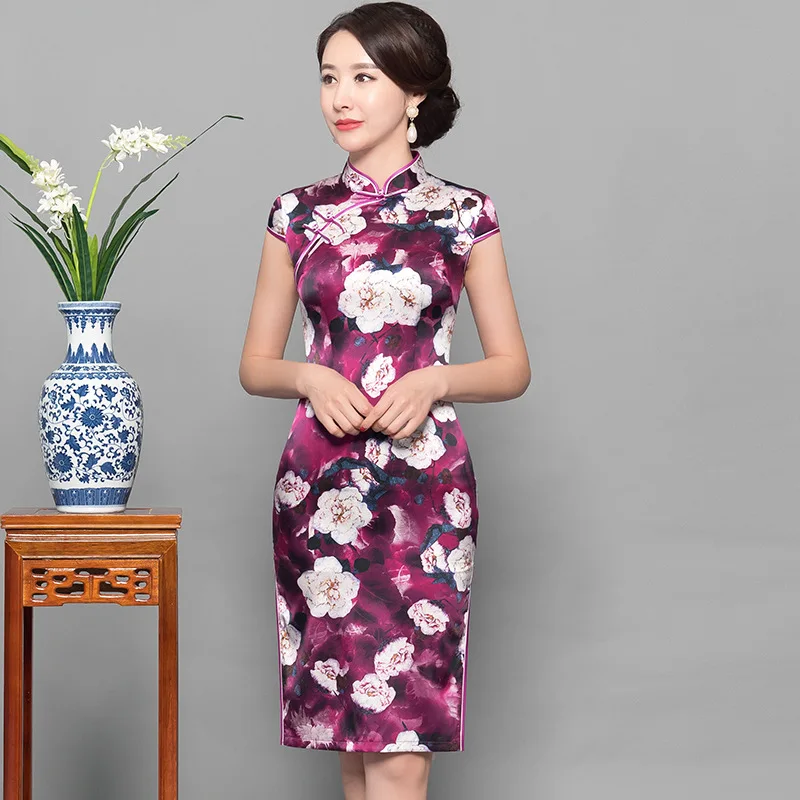 

Oversize 3XL Lady Cheongsam Sexy Slim 100% Real Silk Qipao Elegant Summer New Print Flower Chinese Party Prom Dress Vestidos