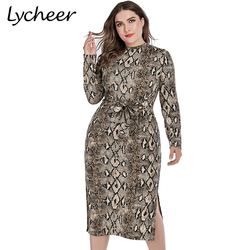 Lycheer/Сексуальное Женское Платье с принтом змеи, большие размеры, шикарное вечернее платье с длинными рукавами, элегантное тонкое осенне-зимнее модное платье