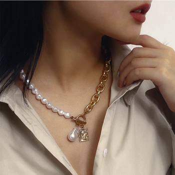 

Punk Baroque Pearl Beads Layered Chains Necklaces For Women Girl Angel Tag Pendants Necklace Lasso Long Wedding Gothic Jewelry