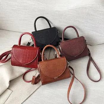 

Casual Mini Solid Color Messenger Shoulder Tote Bag Women Crocodile Grain PU Leather Handbags Fashion Top-handle Bag