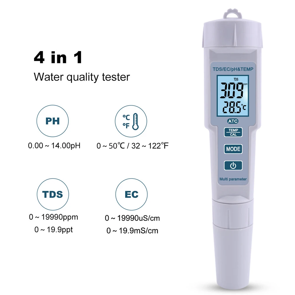 4 в 1 PH/EC/TDS/Temp LCD Измеритель Качества Воды Высокоточный Измерительный диапазон