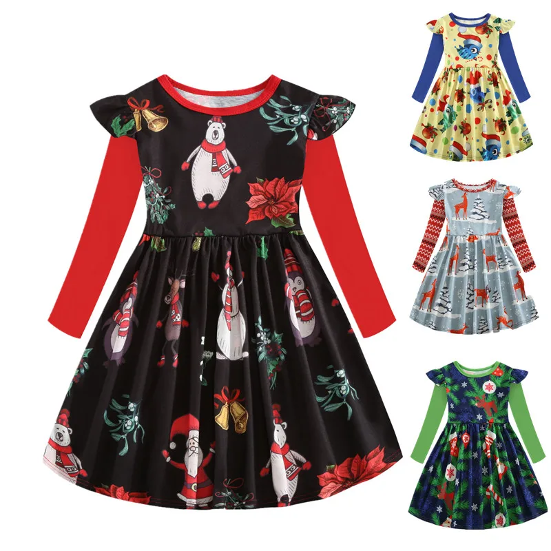 Рождественское платье для маленьких девочек; платье принцессы с героями мультфильмов; Милые Детские платья с рукавами-рюшами и единорогом для девочек; вечерние платья