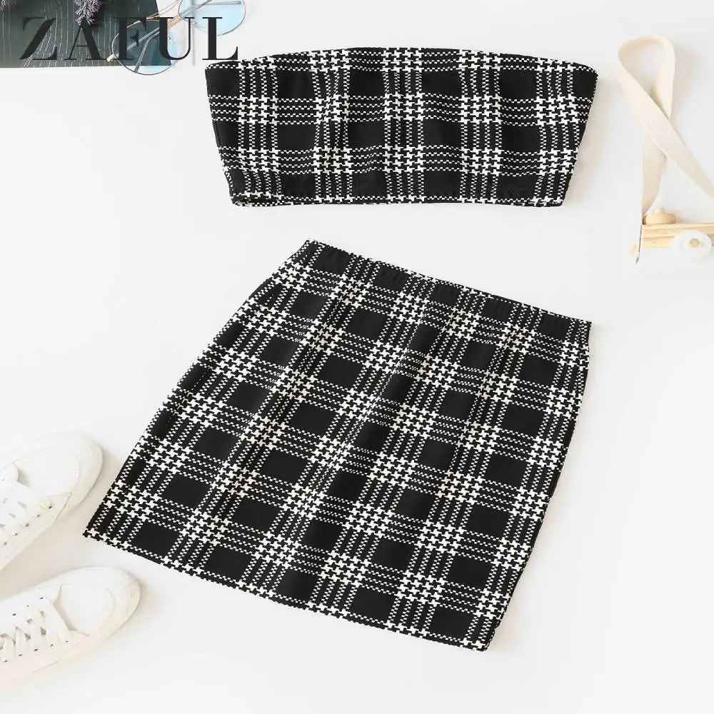 ZAFUL, сексуальное клетчатое платье-бандо из двух частей, женский костюм, клетчатое Полосатое эластичное платье-бандо, топы на бретельках, трапециевидная юбка, Сексапильный комплект
