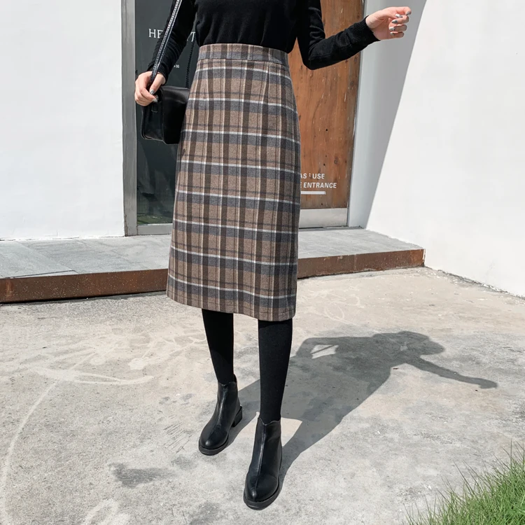 2019 осень зима женские прямые клетчатые миди юбки посылка в стиле хип консервативный Стиль Высокая талия винтажные женские юбки