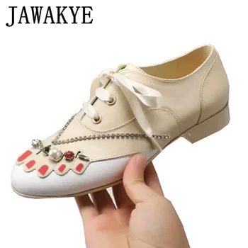 

Spring flat shoes women genuine leather round toe crystal pearled finger decor lace up dress shoes girls zapatos mujer