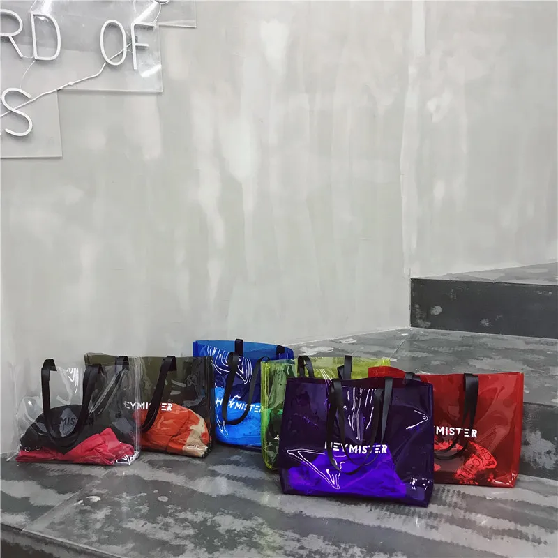 2021 Transparent PVC Handbag beach Shoulder bag Women New Trend Tote Hot Sale Jelly Color Plastic Clear Bag Large capacity
