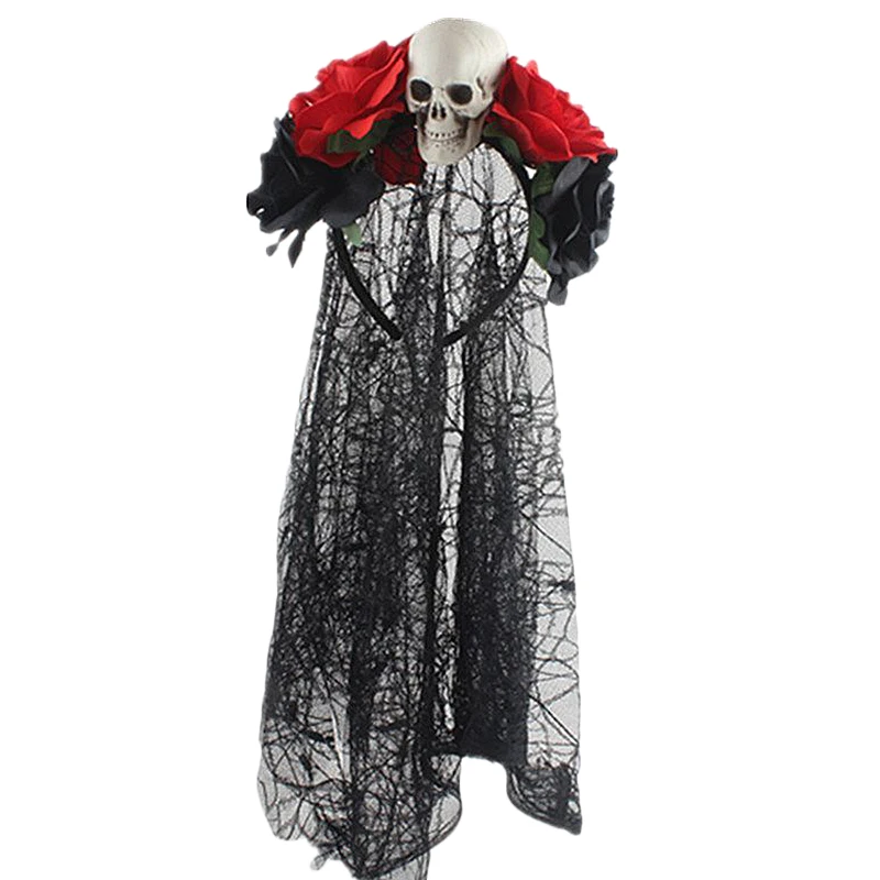 

Day Of the Dead Headband Bride Veil Fancy Dress Costume Halloween Accessories Rose Flower Crown (C-Black+Red+Skull)