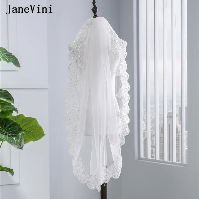 

JaneVini Vintage Lace Short Princess Wedding Veils with Comb White/Ivory Applique Edge Sequins One Layer Bridal Veils Cheap 2020