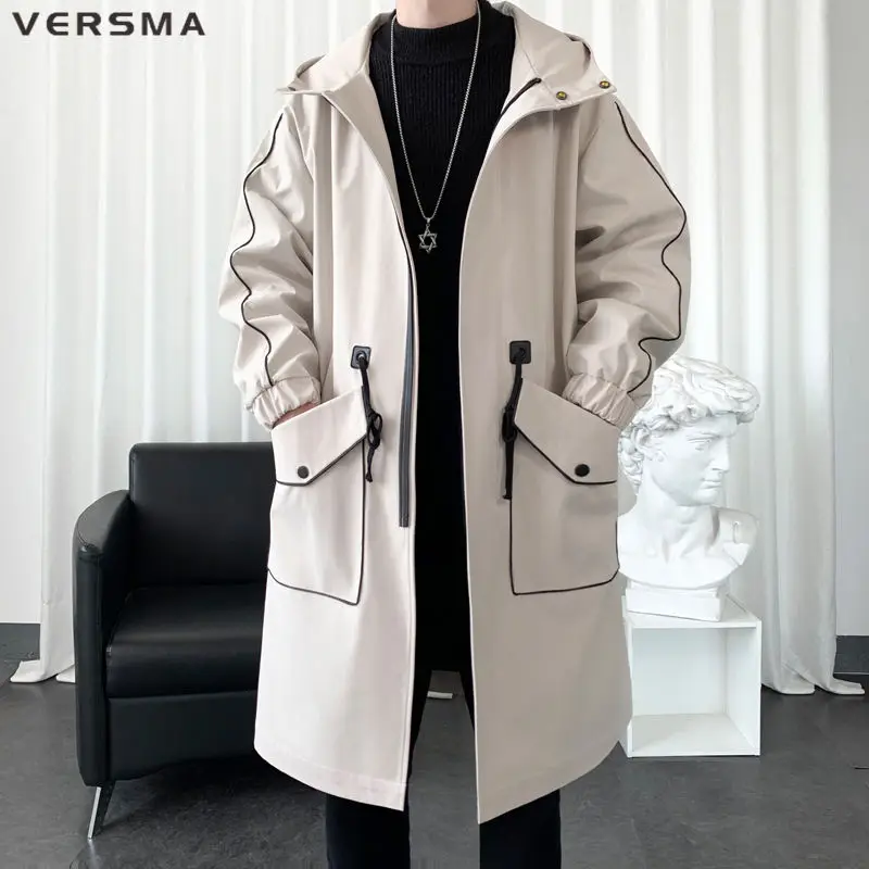 Versma Coreano Harajuku Trendy Lungo Plus Size Trench Coat Uomo Primavera Autunno Russo Con Cappuccio Mens Nero Trench Dropshipping