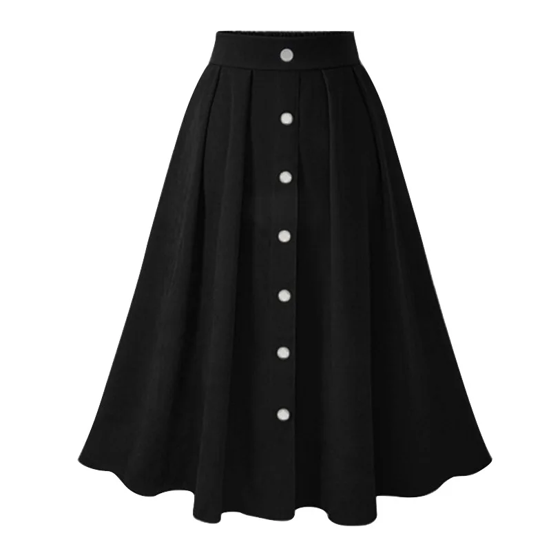 Button women midi skirt new vintage a line high waist pleated skirt fashion retro solid spring summer ladies skirt 2020 CDR1665 (3)