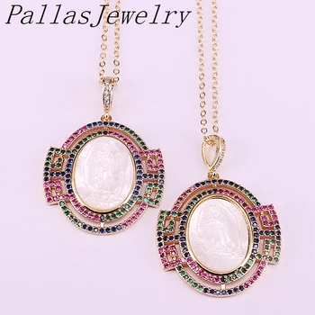 

3Pcs Fashion Gold Color CZ Cubic Zirconia Pendant Charm Oval Mother of Pearl Shell Mary Pendant Necklace