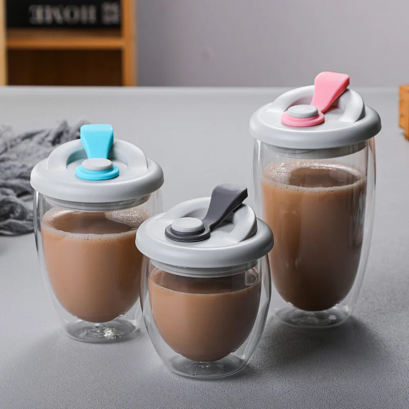 Glass Drinkware 250ml 350ml 450ml Double Layer Glass Coffee Mug With Lid Leak-Proof Travel Milk Lemon Tea Cup Dinkware
