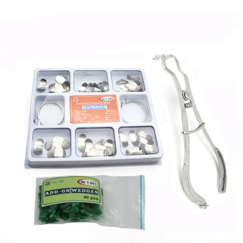 

100pcs Dental Matrix Full kit Sectional Contoured Metal Matrices No.1.398 40pcs Silicone add- on Wedges Rubber Dental material