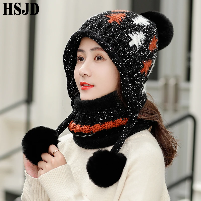 Зимние женские шапки-бини с тремя помпонами, шапка из жаккардовой ткани, шарф, комплект из 2 предметов, Толстая теплая женская Лыжная шапка