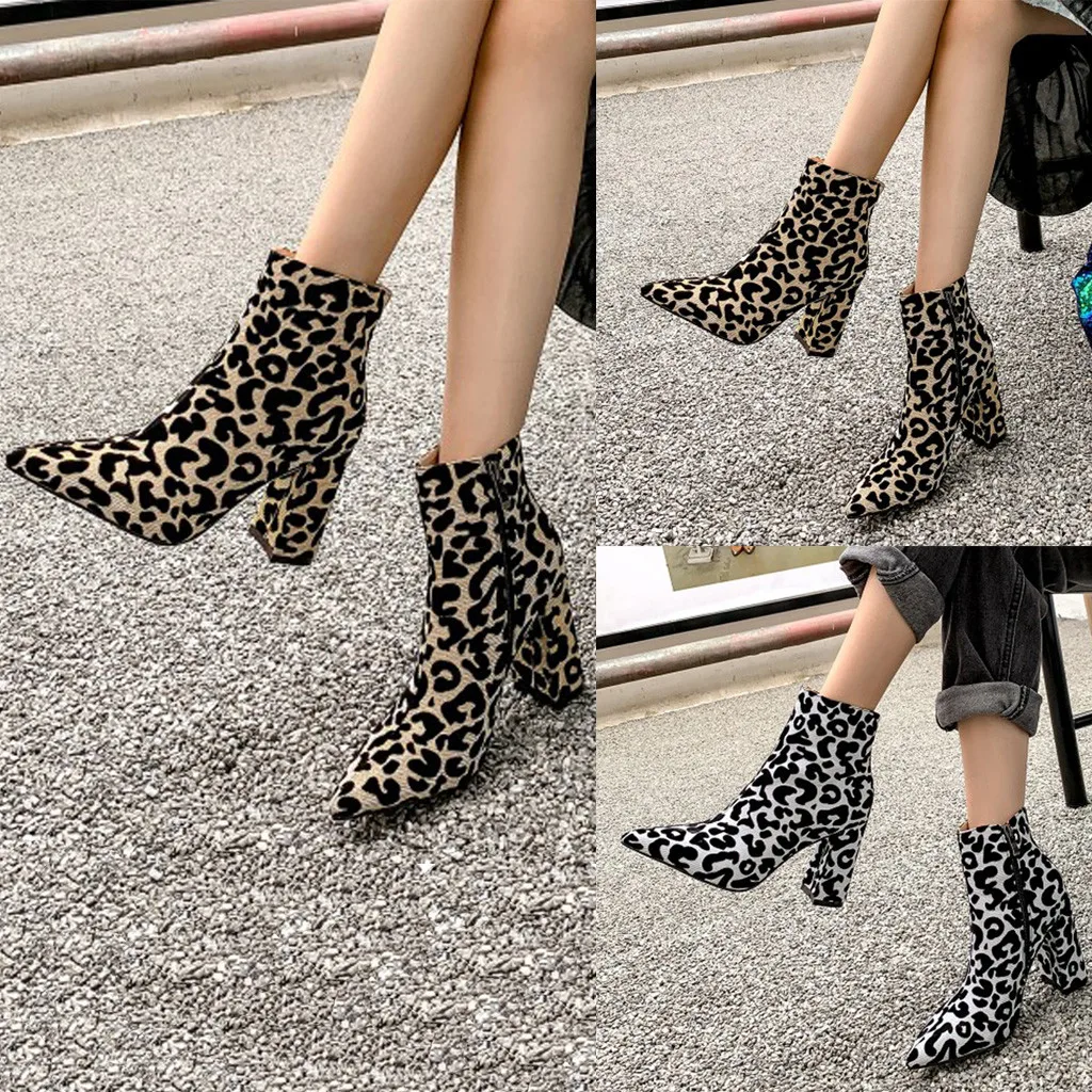 

Stylish Womens Leopard Pointed Toe Thick Heel Zipper Roman Shoes Ankle Boots winter boots women support dropshipping