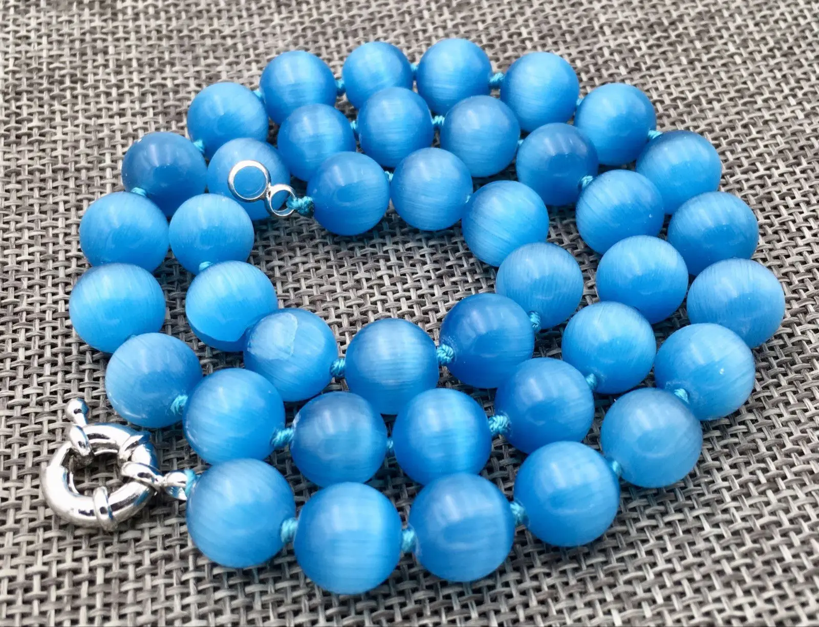 

Pretty 10mm blue Cat Eye Stone Opal Round Beads Gems Necklace 18 " AAA
