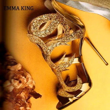 

2020 Summer Women Sandals High Heels Hollow Out Gladiator Sandals Patent Leather Golden Bling Wedding Stilettos Shoes Woman