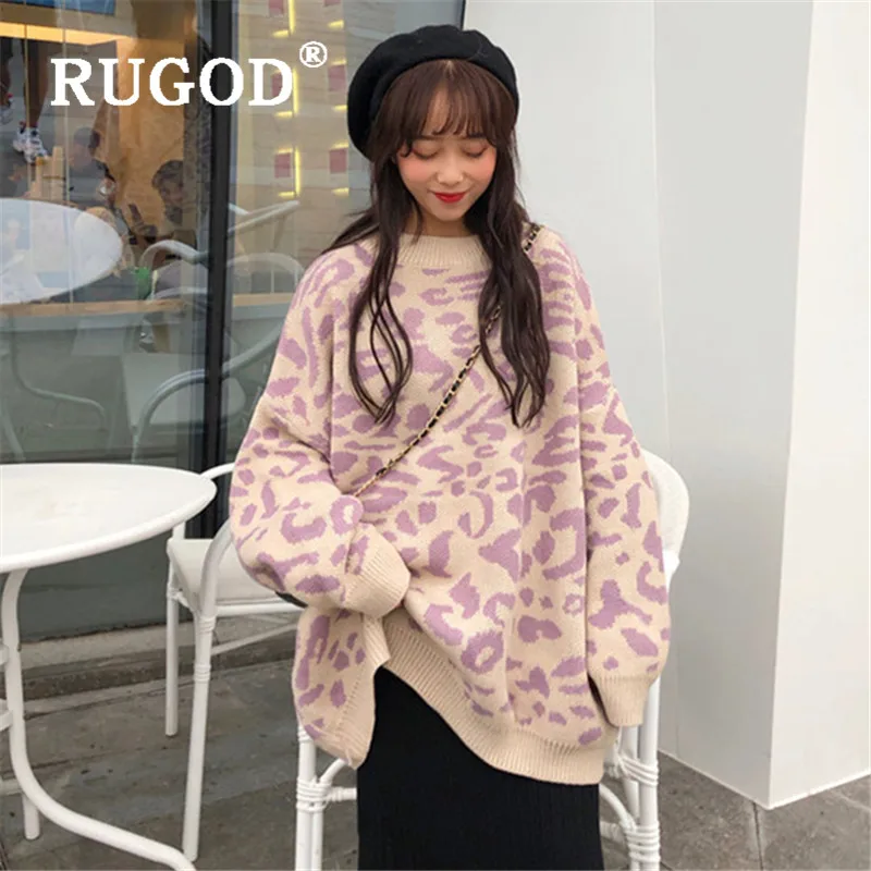 RUGOD, корейский стиль, Леопардовый Свободный вязаный пуловер с круглым вырезом и длинным рукавом, теплый зимний свитер, топы для женщин, мода
