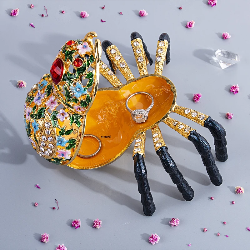 H&D Hand-painted Hinged Spider Trinket box With Crystals Enamel Animal Decor Aranchnid Figurine Collectible Jewelry Storage Gift