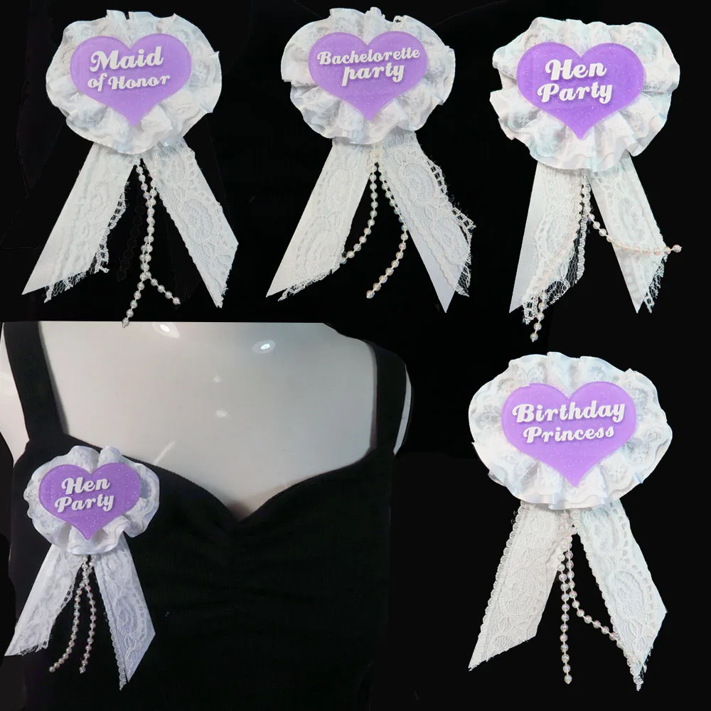 Фиолетовый Блестящий значок в форме сердца Белое кружево белая лента брошь Подружка невесты булавка сестра невесты день рождения принцесса кнопка