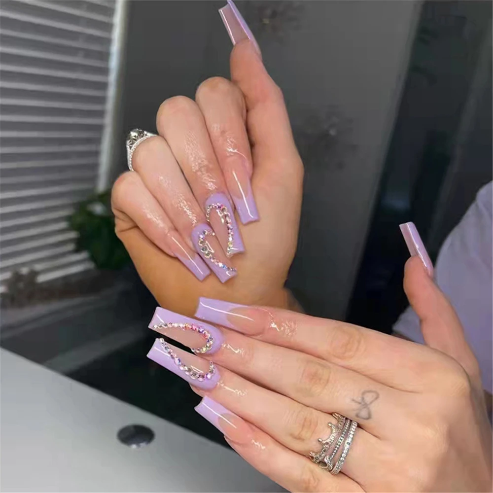 24pcs/box Purple French Coffin False Nails Manicure Patches Press On Nails  Wearable Ballerina Fake Nails With Rhinestone Design - False Nails -  AliExpress
